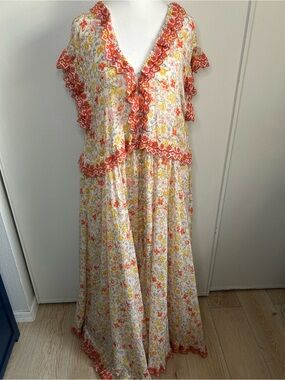 Free People Milania Floral Button Up Midi to Maxi Eyelet Lace Trimmed Dress